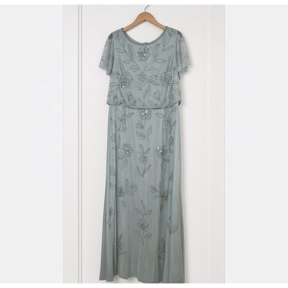 Adrianna Papell Dress 16 Green Beaded Floral Blouson Maxi Mother of Bride Gown